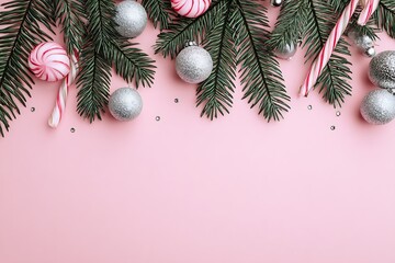 Festive christmas tree branches with ornaments and candy canes on pink background
