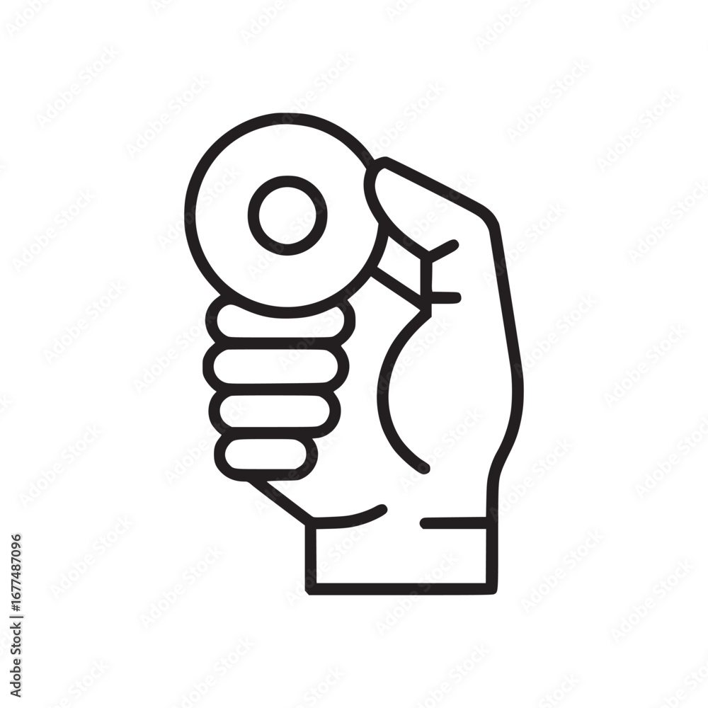 Aufkleber outline drawing of a hand holding a round object with a hole in the center on a white background