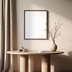 Minimalist interior with empty frame and plant, serene atmosphere