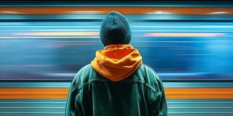 Person at Subway Station with Moving Train in Background