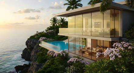 Fototapeta premium Modern cliffside villa with infinity pool overlooking ocean at sunset luxury real estate architecture