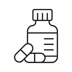 Outline drawing of a medicine bottle with a cap and two pills laying next to the bottle on a white background