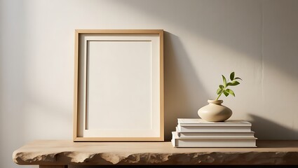 Minimalist scene with empty frame and plant for peaceful decor