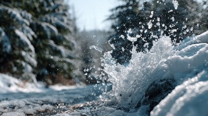 A close-up view of water splashing onto snow-covered ground in a wintry forest setting, showcasing icy droplets and a vibrant interplay of light and texture.