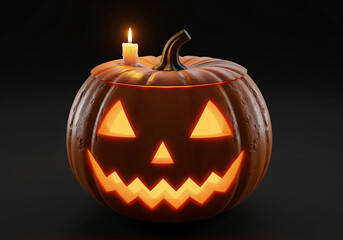 A realistic 3D glowing pumpkin with a candle placed above, perfect for elegant Halloween designs and premium festive decorations, Ai Generate.