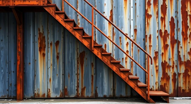 An orange metal staircase climbs against a weathered, corrugated metal wall with rust stains and peeling paint.