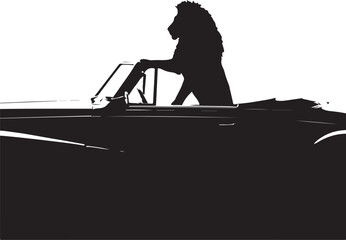 Black silhouette of a lion with a mane standing in an open top vintage car black and white animal