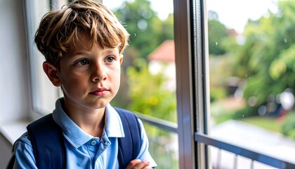 A thoughtful boy looking out a window