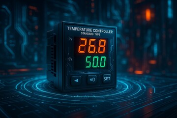 Digital temperature controller with illuminated display showing 26 8 degrees Celsius and 50 0 degrees Celsius