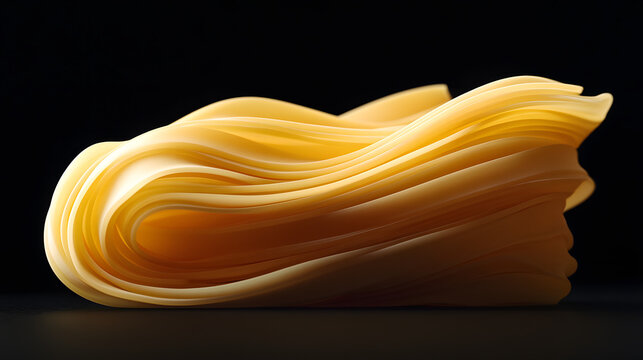 A bundle of spaghetti noodes gently arranged in a lose formation on a dark surace, emphasizing their smoth texture and organic beaty.