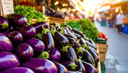 Close-up view of plump, dark purple eggplants stacked high in wooden crates at a bustling outdoor market.