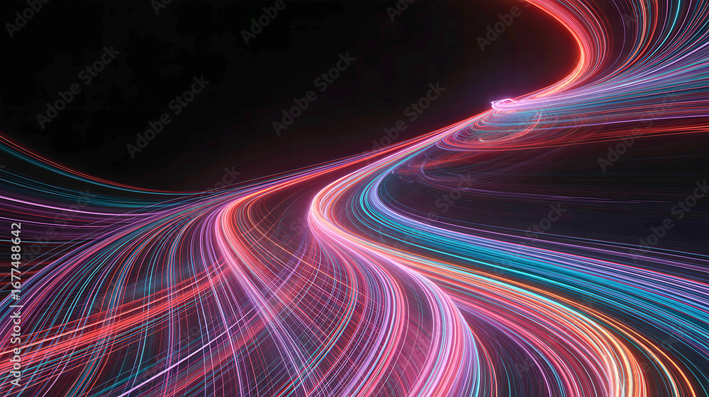 Aufkleber abstract futuristic background of glowing neon light trails moving at high speed in a dynamic wave p