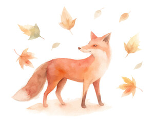 Watercolor Fox in Autumn Forest with Leaves