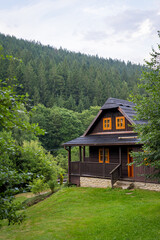 A beautiful wooden house on a slope with grass and forest in the background with a gable roof.
