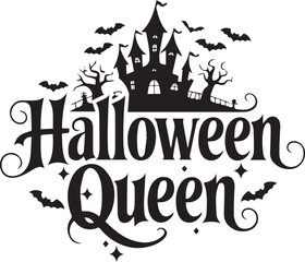 Halloween queen silhouette with haunted castle and bats isolated on white background