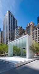 Modern glass pavilion nestled amongst towering city buildings, bathed in sunlight; showcasing a minimalist architectural design with a surrounding plaza