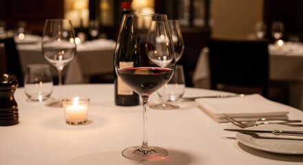 A stemmed wine glass filled with red wine sits on a white tablecloth amidst other tableware and candles in a dimly lit restaurant