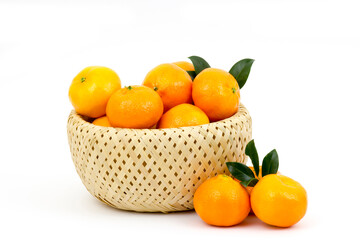 tangerines in a basket on white background