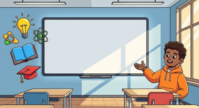 Enthusiastic young student presenting in a classroom with educational symbols near a whiteboard.