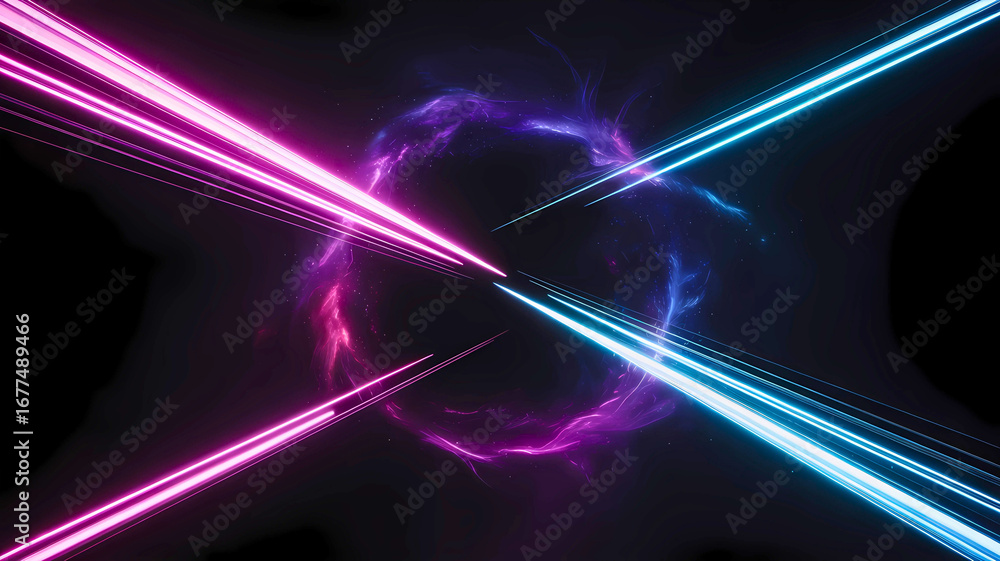 Poster futuristic abstract background featuring a dark cosmic sphere impacted by intersecting pink and blue