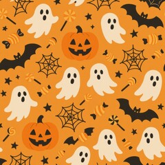 Halloween seamless pattern with pumpkins ghosts bats spiderwebs and candy