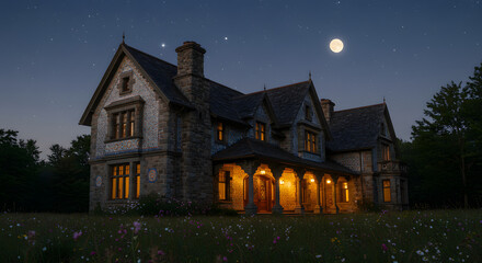 Night house moon stars estate mansion home architecture building exterior landscape dark sky evening