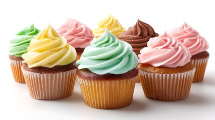 Assortment of colorful frosted cupcakes arranged on a white background