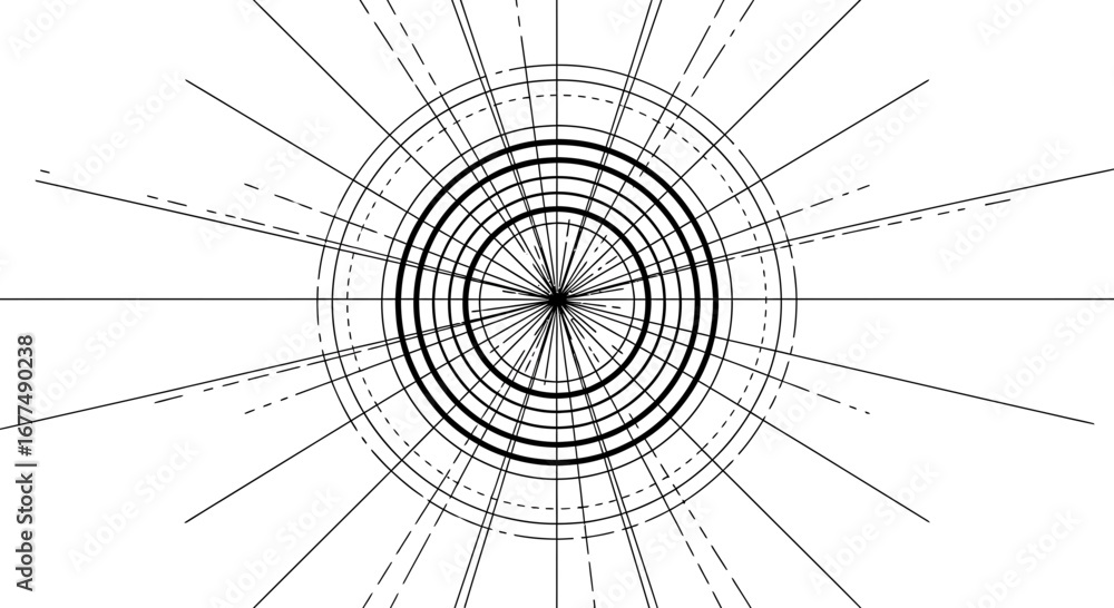 Poster abstract geometric pattern with concentric circles and radiating lines, , representing symmetry, foc