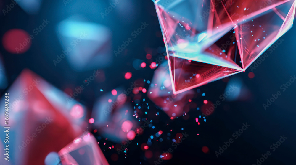 Poster futuristic 3d polygonal mesh structure glowing with neon blue and pink lights, representing digital 