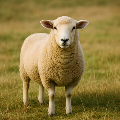 Obraz premium A fluffy sheep standing on a grassy field looking directly at the camera