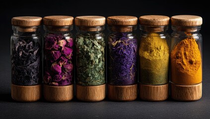 Six glass jars with wooden lids contain various dried herbs and spices; dark background