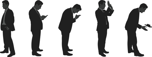 Silhouette of businessman using smartphone with different poses, mobile phone addiction concept, technology dependence, communication, modern lifestyle, digital device illustration