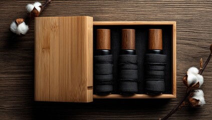 Three dark glass roller bottles with dark fabric wraps, nestled in a light-colored wooden box, are presented on a dark wooden surface, flanked by cotton sprigs