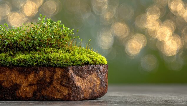 Lush green moss and miniature plants thrive on a dark, rustic, rock-like base, set against a bokeh backdrop of soft yellow and green lights