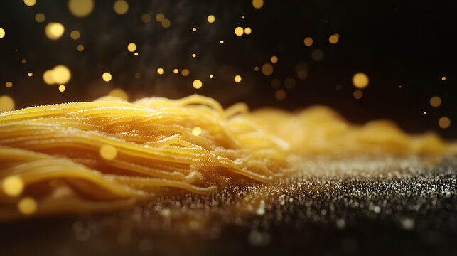 A bundle of spaghetti noodes loosely arranged on a drk background, capturing te fine details of their teture and organic shape.