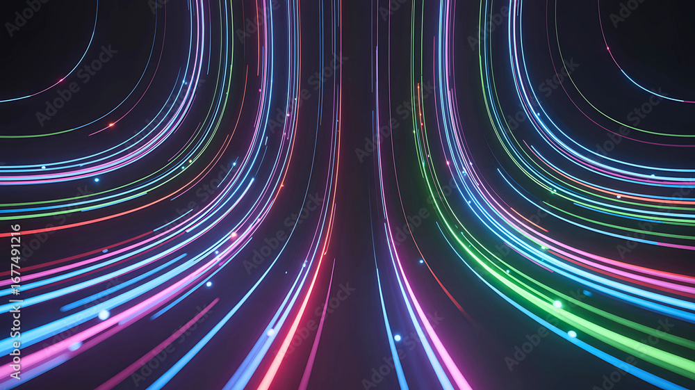 Poster futuristic abstract background with glowing curved lines representing high-speed digital communicati