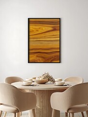 Warm dining setting with abstract art and natural textures