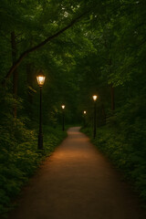 Fototapeta premium Path in forest illuminated with vintage street lamps during twilight