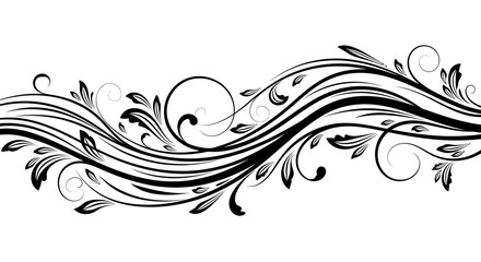 Elegant black floral swirl ornament, a decorative flourish with swirling vines and leaves, perfect for design elements and borders