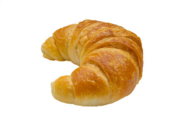 A fresh, golden, flaky croissant placed on a clean white background. Perfect for showcasing its delicious layers and buttery texture
