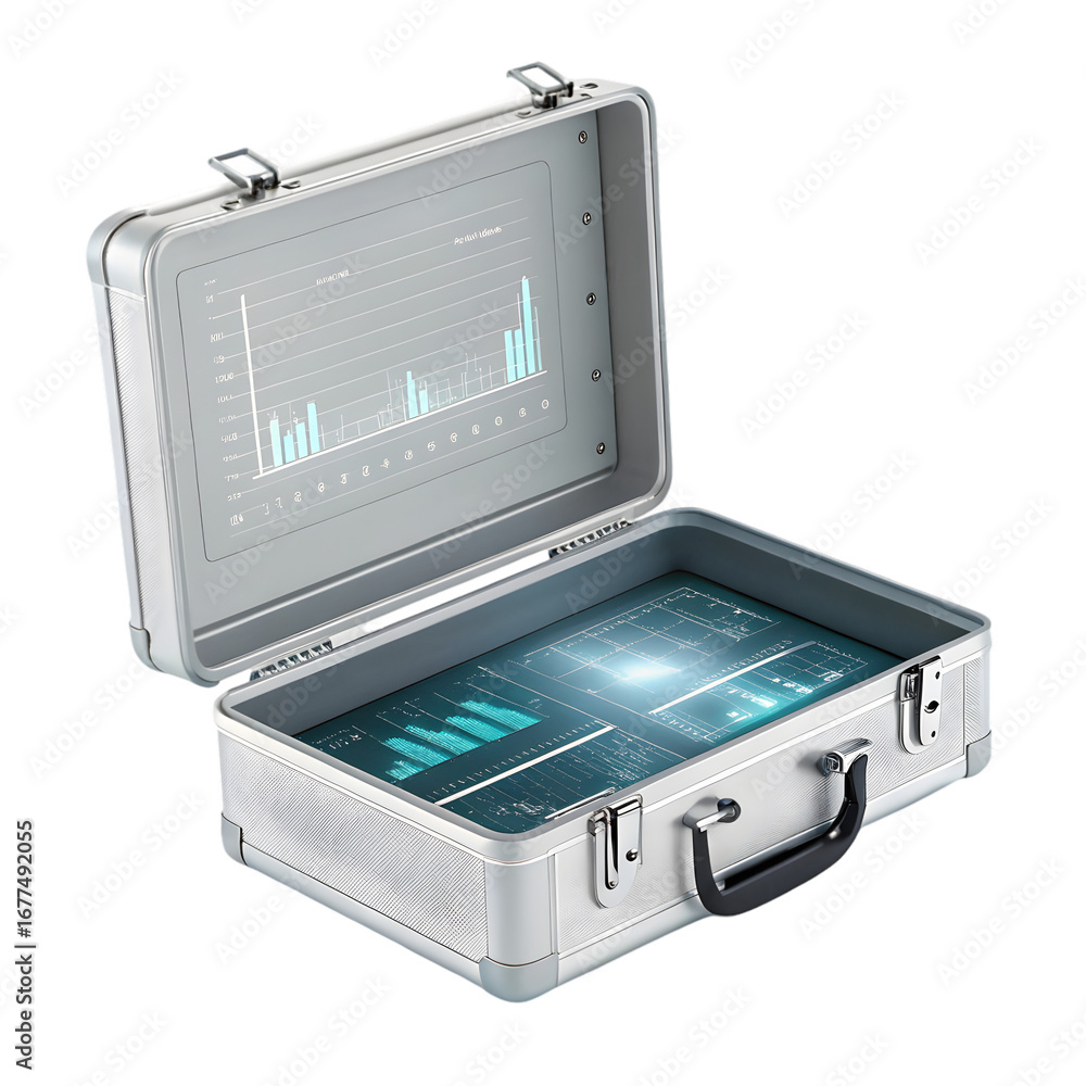 Poster silver briefcase displaying digital financial charts isolated on a transparent background hologram p