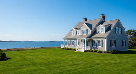 Coastal home with ocean view real estate luxury house blue shutters and green lawn beautiful property for sale