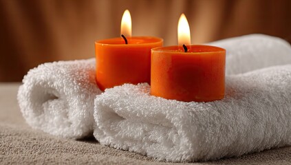 Serene spa ambiance with two glowing orange candles on soft white towels.