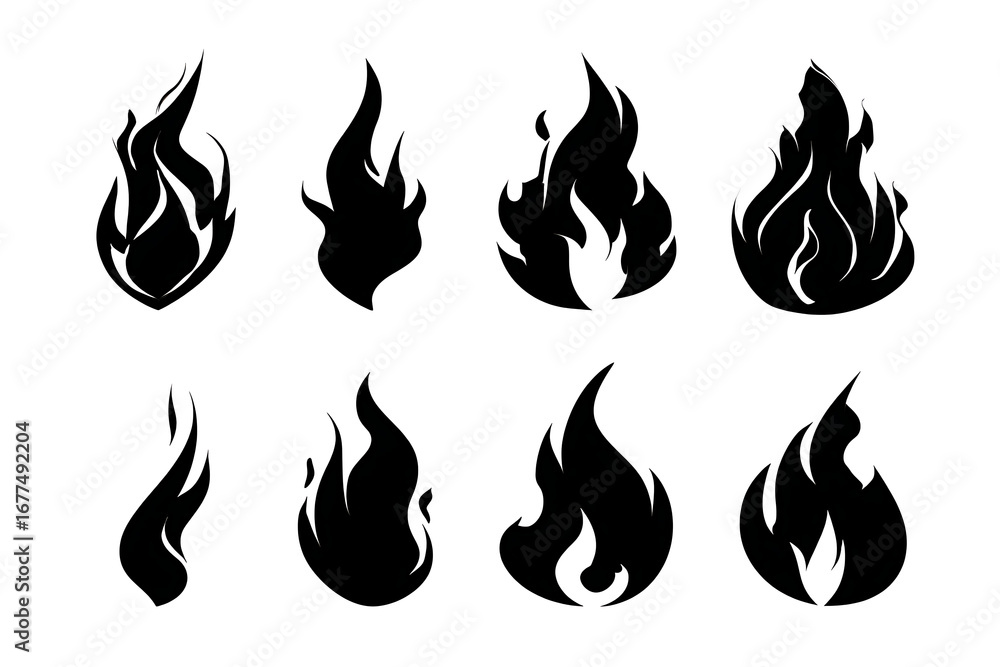 Poster a collection of stylized flame icons in various shapes and sizes for graphic design use
