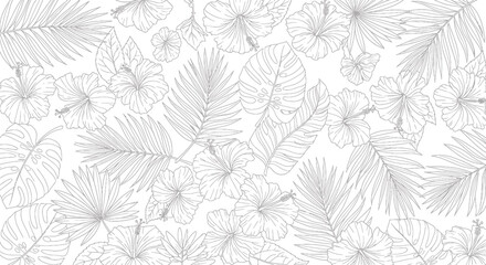 Tropical floral pattern with hibiscus and palm leaves, line art