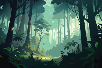 An artful painting of a dark, tropical jungle with a clear, blue lake reflecting the moonlit sky and lush green foliage