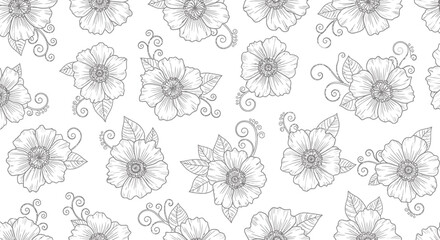 Seamless pattern of delicate handdrawn floral elements with swirling vines and leaves, isolated on a clean, perfect for decorative applications and textile design