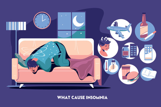 An illustration showing the causes of insomnia, featuring a tired person struggling to sleep on a couch at night