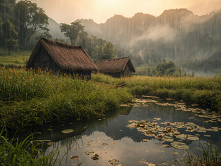 Traditional thatched roof huts in a misty rainy landscape with a pond village rustic
