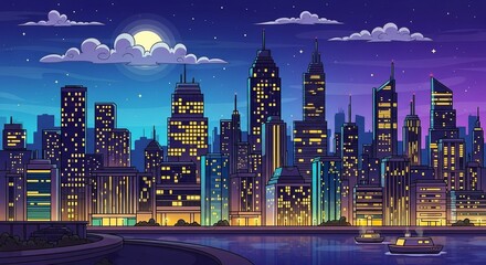 Colorful cartoon illustration of a vibrant city skyline at night with illuminated skyscrapers and a moonlit sky.